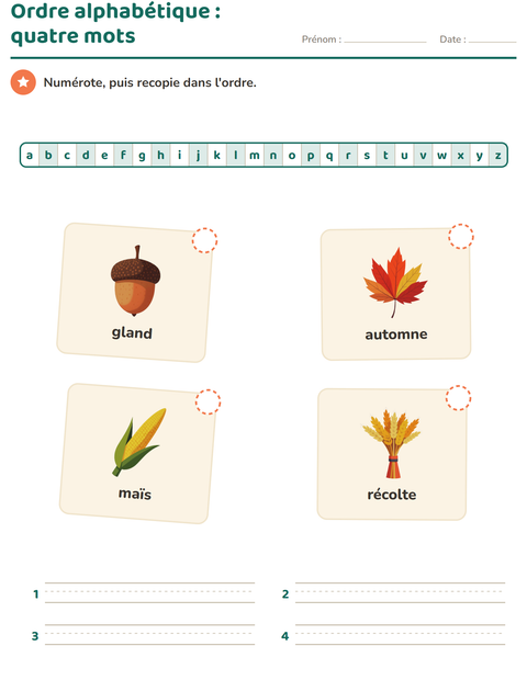 Aperçu de la fiche Ordre alphabétique avec Action de grâce pour CP (cours préparatoire)