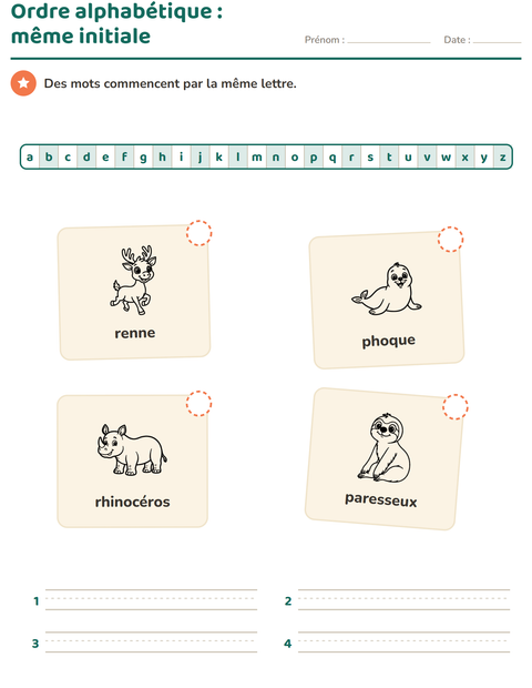 Aperçu de la fiche Ordre alphabétique avec Animaux du zoo NB pour CP (cours préparatoire)