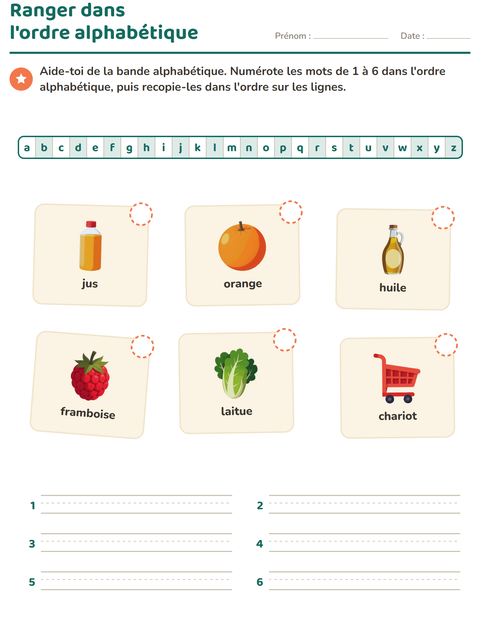 Aperçu de la fiche Ordre alphabétique avec Au supermarché pour CP (cours préparatoire)