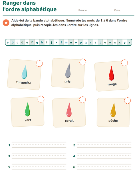 Aperçu de la fiche Ordre alphabétique avec Couleurs pour CP (cours préparatoire)