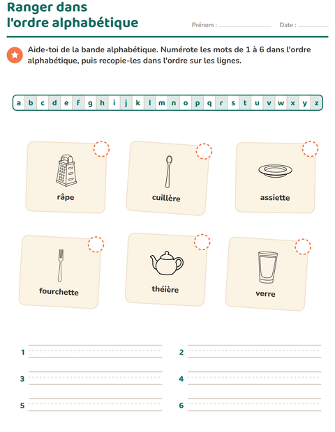 Aperçu de la fiche Ordre alphabétique avec Cuisine NB pour CP (cours préparatoire)