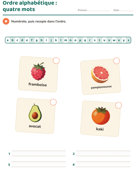 Aperçu de la fiche Ordre alphabétique avec Fruits pour CP (cours préparatoire)