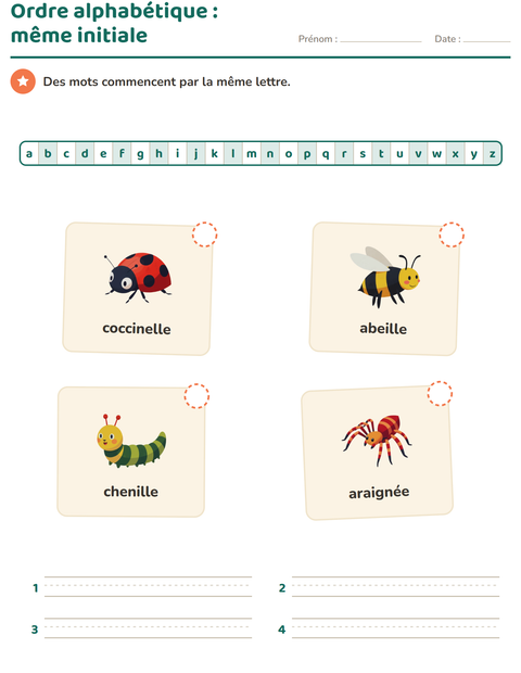 Aperçu de la fiche Ordre alphabétique avec Insectes et bestioles pour CP (cours préparatoire)