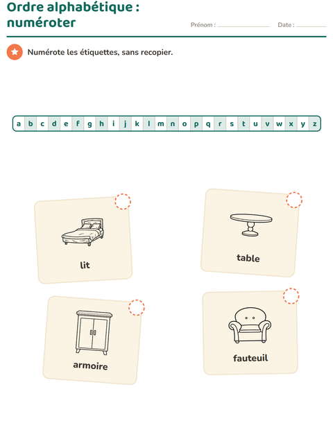 Aperçu de la fiche Ordre alphabétique avec Meubles NB pour CP (cours préparatoire)