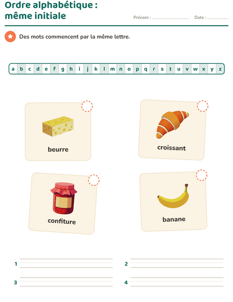Aperçu de la fiche Ordre alphabétique avec Petit-déjeuner pour CP (cours préparatoire)