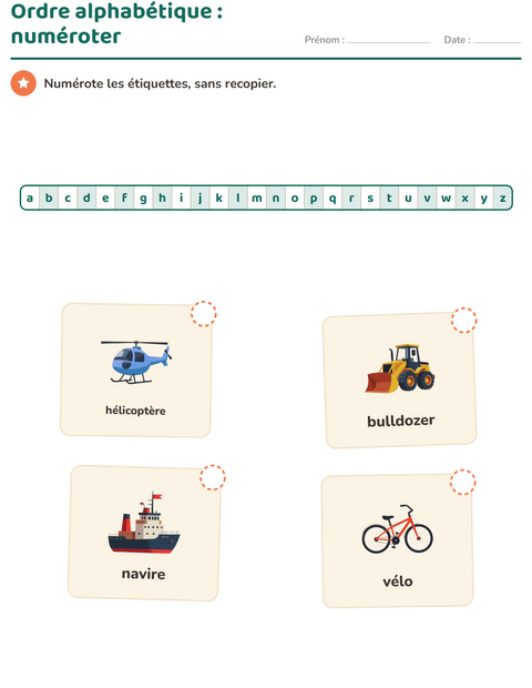 Aperçu de la fiche Ordre alphabétique avec Véhicules pour CP (cours préparatoire)