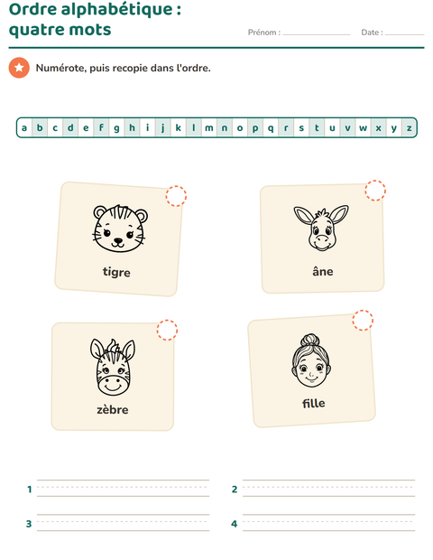Aperçu de la fiche Ordre alphabétique avec Visages NB pour CP (cours préparatoire)