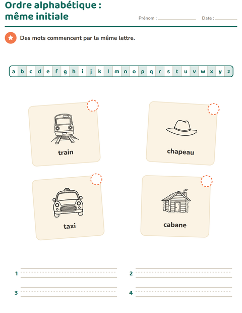 Aperçu de la fiche Ordre alphabétique avec Voyages et Vacances NB pour CP (cours préparatoire)