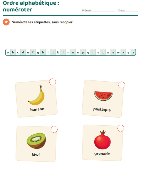 Ordre alphabétique : numéroter quatre cartes de fruits, sans recopier