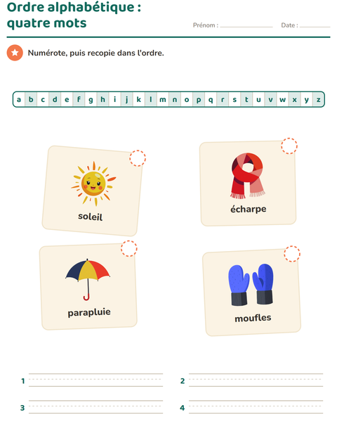 Aperçu de la fiche Ordre alphabétique avec Météo pour CP (cours préparatoire)