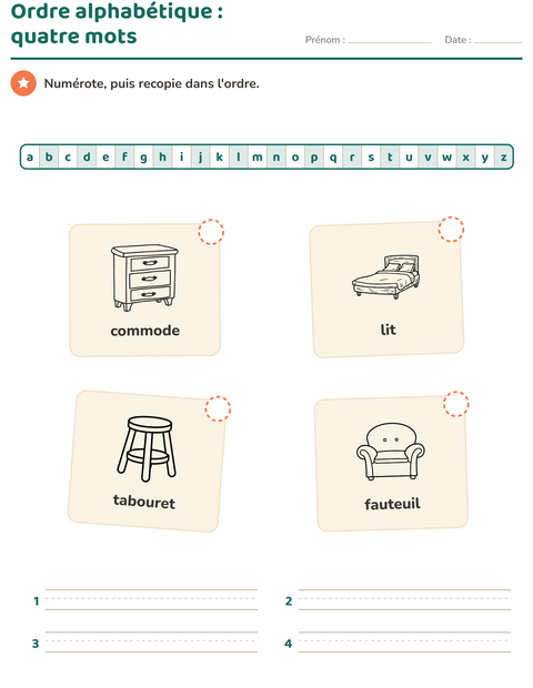 Aperçu de la fiche Ordre alphabétique avec Meubles NB pour CP (cours préparatoire)