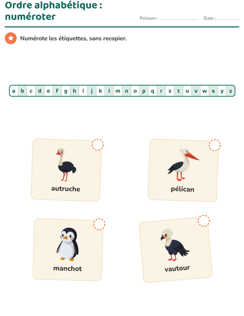 Aperçu de la fiche Ordre alphabétique avec Oiseaux pour CP (cours préparatoire)
