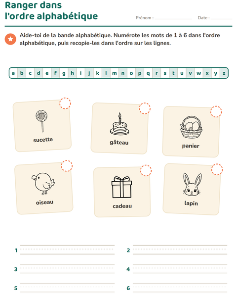 Aperçu de la fiche Ordre alphabétique avec Pâques NB pour CP (cours préparatoire)