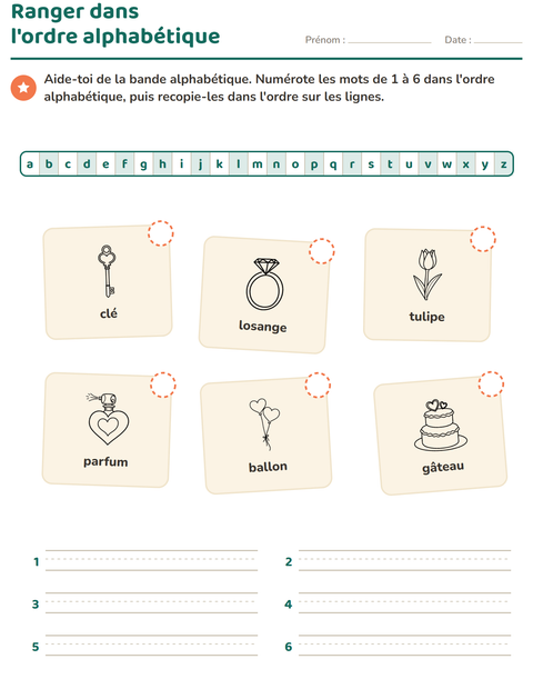 Aperçu de la fiche Ordre alphabétique avec Saint-Valentin NB 2 pour CP (cours préparatoire)