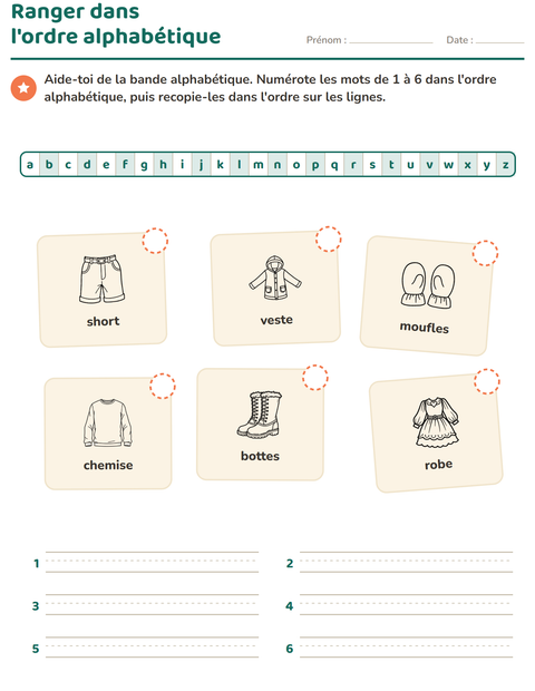 Aperçu de la fiche Ordre alphabétique avec Vêtements NB pour CP (cours préparatoire)