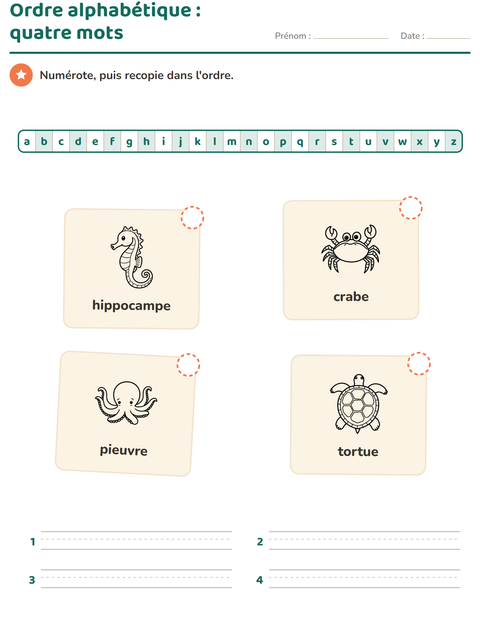 Aperçu de la fiche Ordre alphabétique avec Vie marine NB pour CP (cours préparatoire)