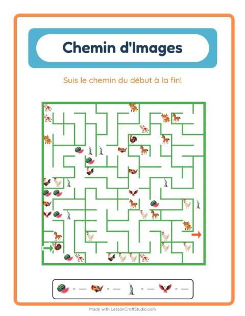 Aperçu de la fiche Parcours Illustré avec 4 juillet pour École maternelle (grande section, 5-7 ans)