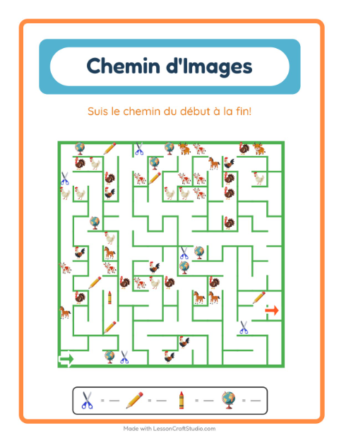 Aperçu de la fiche Parcours Illustré avec Salle de classe pour École maternelle (grande section, 5-7 ans)