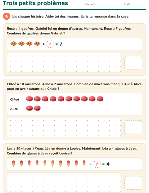Aperçu de la fiche Petits problèmes avec Desserts et sucreries pour CP (cours préparatoire)
