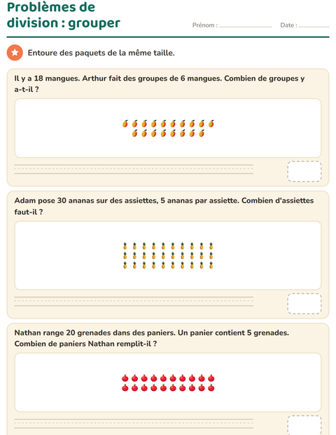 Aperçu de la fiche Petits problèmes avec Fruits pour CE2 (cours élémentaire 2)