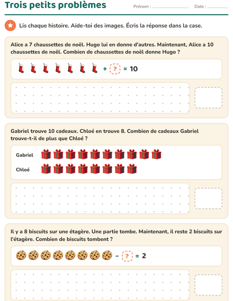 Aperçu de la fiche Petits problèmes avec Noël pour CP (cours préparatoire)
