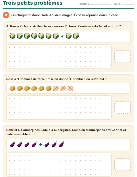 Aperçu de la fiche Petits problèmes avec Légumes pour CP (cours préparatoire)