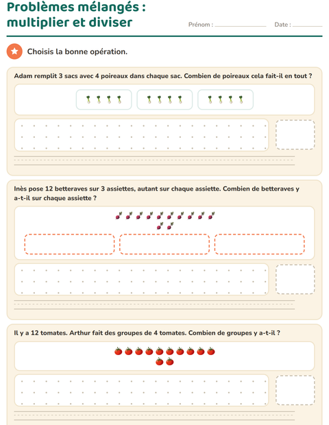 Aperçu de la fiche Petits problèmes avec Légumes pour CE2 (cours élémentaire 2)