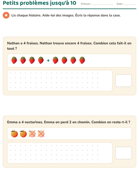 Aperçu de la fiche Petits problèmes avec Fruits pour CP (cours préparatoire)