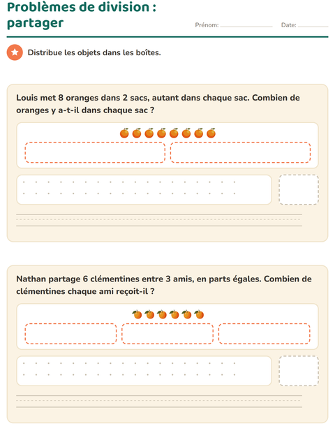 Problèmes de division : partager en parts égales