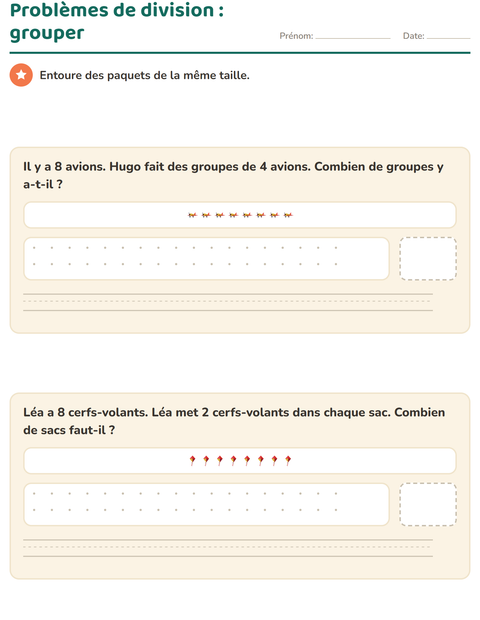 Problèmes de division : entourer des groupes égaux
