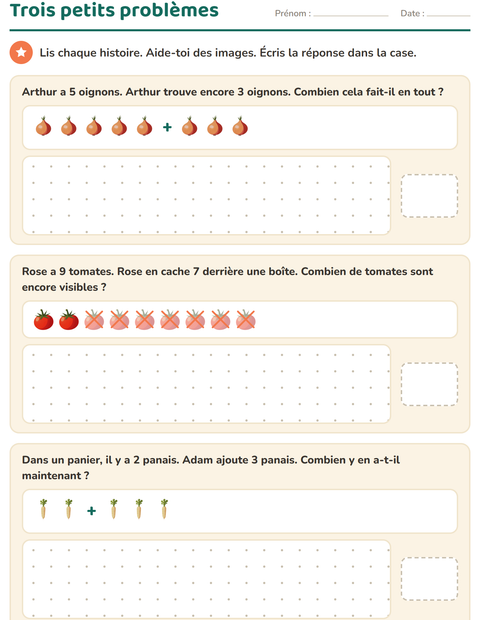 Aperçu de la fiche Petits problèmes avec Légumes pour CP (cours préparatoire)