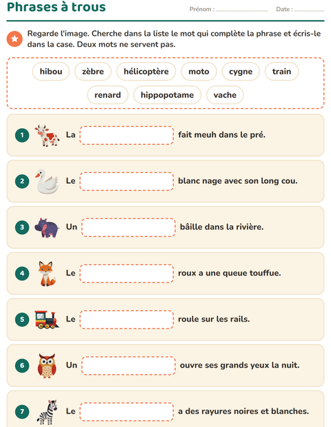 Aperçu de la fiche Phrases à trous pour CP (cours préparatoire)