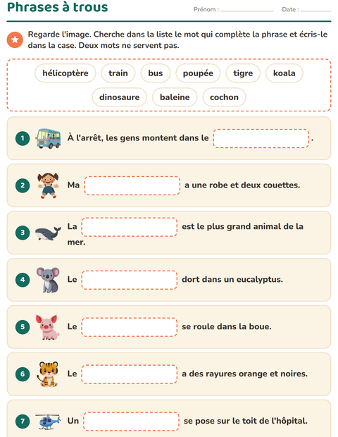 Aperçu de la fiche Phrases à trous pour CP (cours préparatoire)