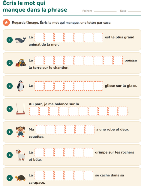 Aperçu de la fiche Phrases à trous pour CP (cours préparatoire)