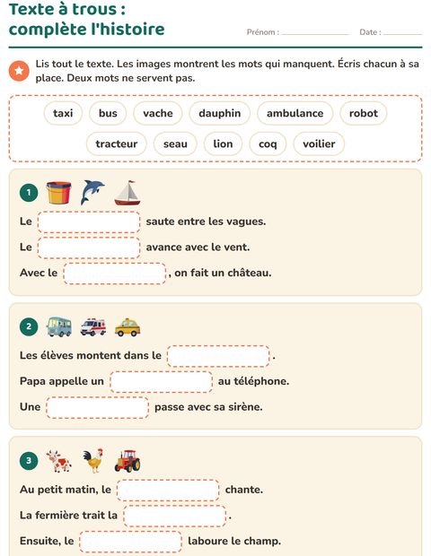 Aperçu de la fiche Phrases à trous pour CE1 (cours élémentaire 1)