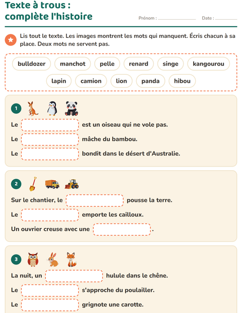 Aperçu de la fiche Phrases à trous pour CE1 (cours élémentaire 1)