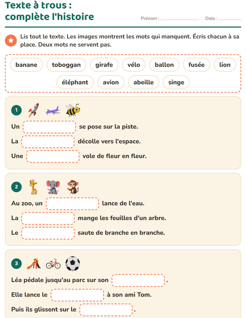 Aperçu de la fiche Phrases à trous pour CE1 (cours élémentaire 1)