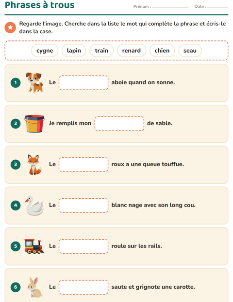 Aperçu de la fiche Phrases à trous pour CP (cours préparatoire)