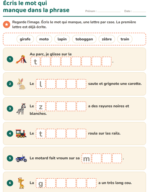 Aperçu de la fiche Phrases à trous pour CP (cours préparatoire)