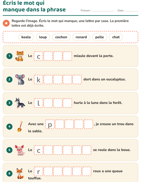 Aperçu de la fiche Phrases à trous pour CP (cours préparatoire)