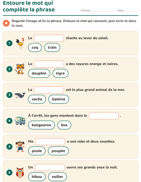 Aperçu de la fiche Phrases à trous pour CP (cours préparatoire)