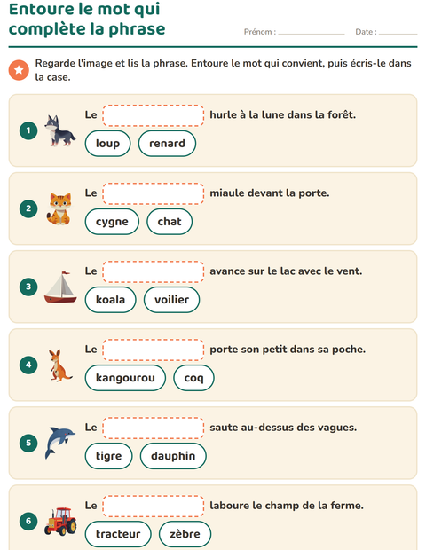 Aperçu de la fiche Phrases à trous pour CP (cours préparatoire)
