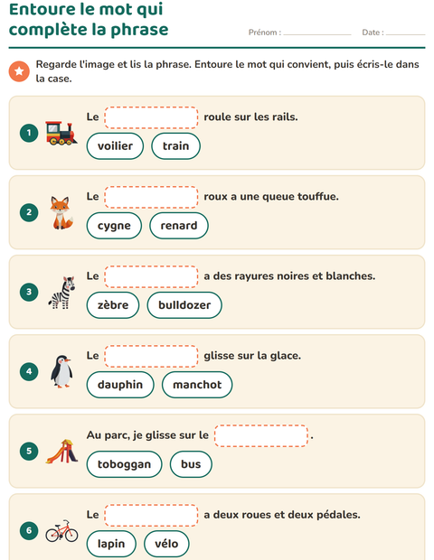 Aperçu de la fiche Phrases à trous pour CP (cours préparatoire)