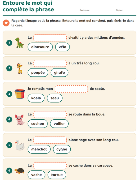 Aperçu de la fiche Phrases à trous pour CP (cours préparatoire)