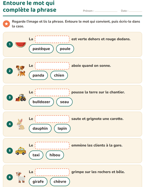 Aperçu de la fiche Phrases à trous pour CP (cours préparatoire)