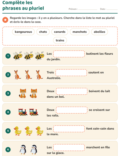 Aperçu de la fiche Phrases à trous pour CE1 (cours élémentaire 1)