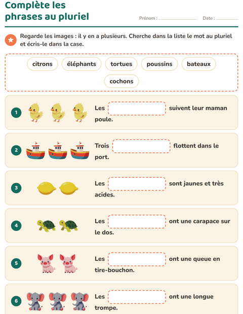 Aperçu de la fiche Phrases à trous pour CE1 (cours élémentaire 1)