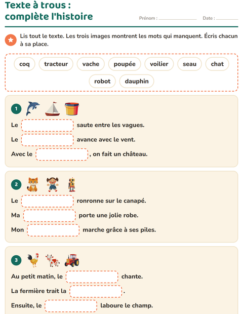 Aperçu de la fiche Phrases à trous pour CE1 (cours élémentaire 1)