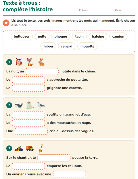 Aperçu de la fiche Phrases à trous pour CE1 (cours élémentaire 1)