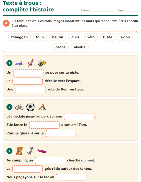 Aperçu de la fiche Phrases à trous pour CE1 (cours élémentaire 1)